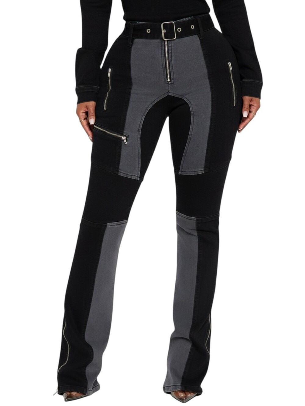 Shape Enhancing Stretch Moto Jeans  GREY BLACK DENIM Belted SIZE 9 NWT